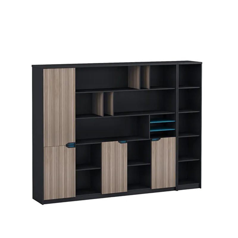 Office Library Wall Storage System with 4 Doors, Multi-Tier Bookshelf Organizers, and Integrated File Bin Cubbies in Charcoal and Light Oak Particle Board
