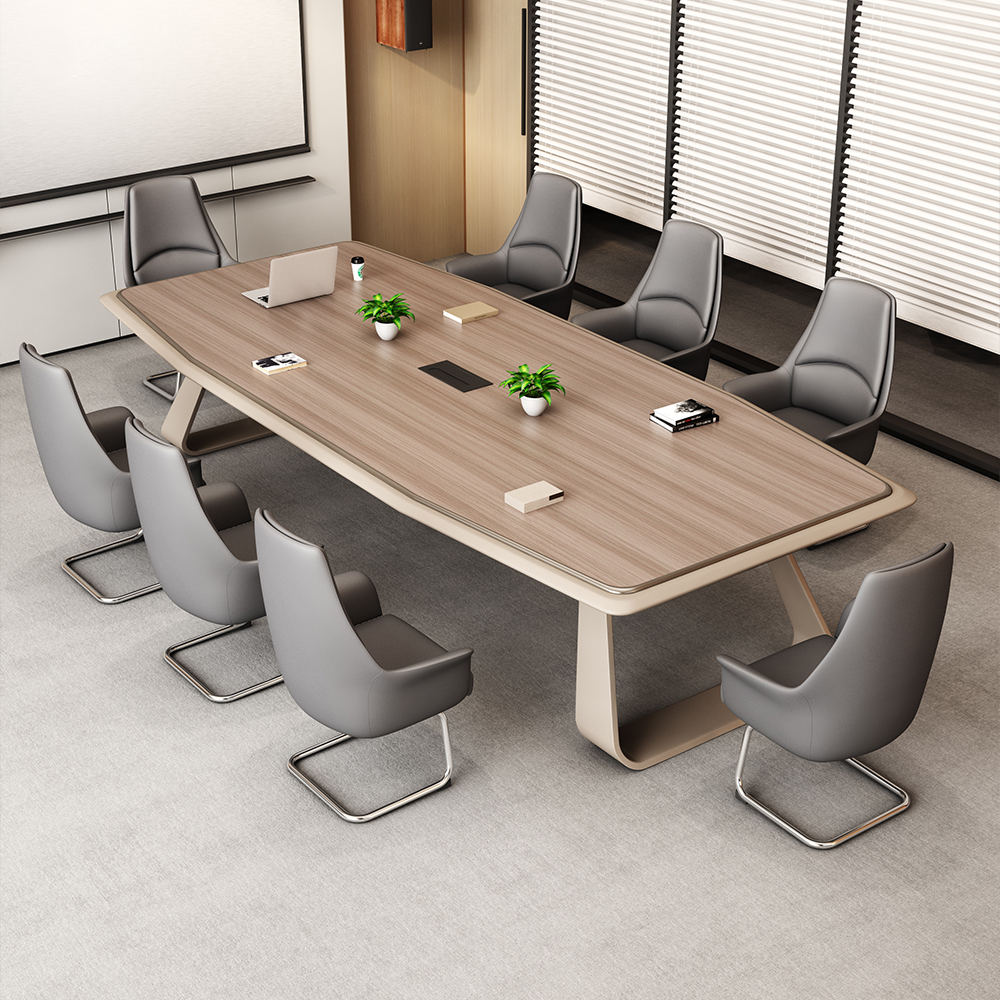 Modern Wooden Conference Table for Office | Premium Boardroom Meeting Table with Rounded Corners, Integrated Wire Manager and Metal Base