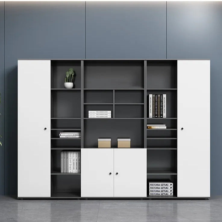 Grand Executive Office Library Wall Unit with Multi-Tier Open Display Shelving, and Central Lower Cupboards in Premium Wood Grain and Matte MDF