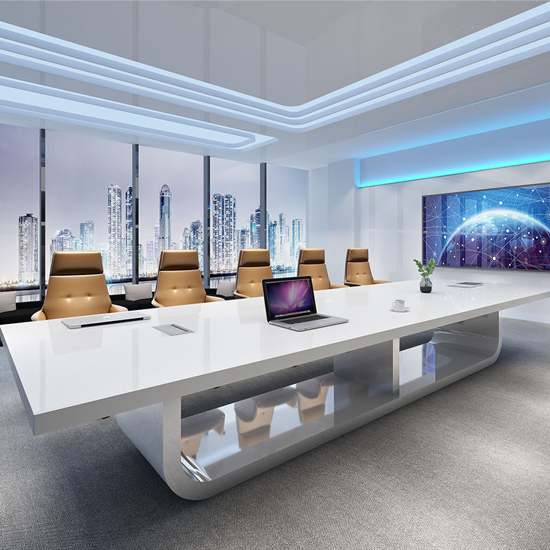 Luxury High Gloss White Conference Table for Office and Modern Boardroom Meeting Table with Curved Designer Base - Premium Executive Conference Desk