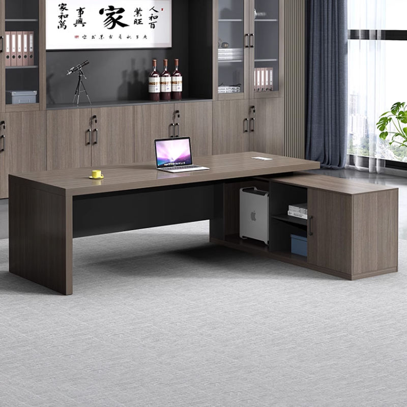 डायरेक्टर एल-आकार का ऑफिस टेबल, आधुनिक डेस्क, पार्टिकल बोर्ड से बना, दराज, रिवर्सिबल ओरिएंटेशन, सीपीयू स्टोरेज और वायर मैनेजमेंट के साथ