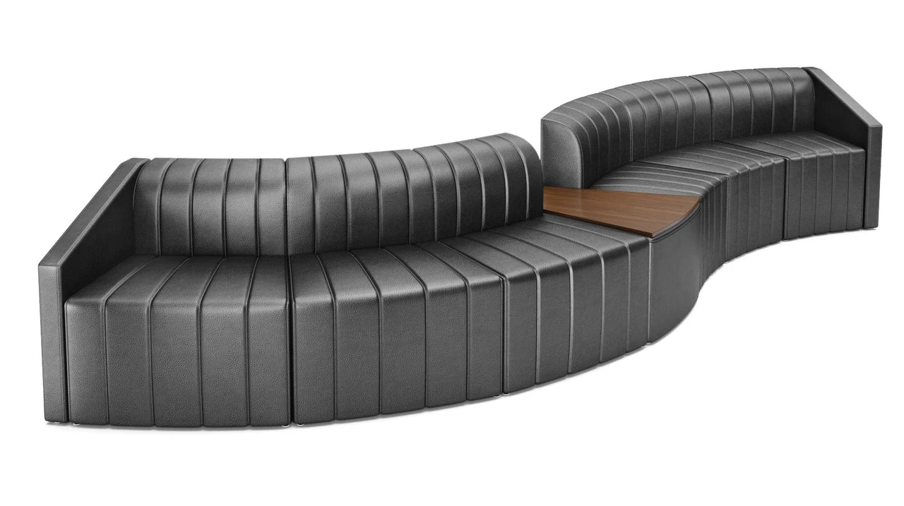 Modular Sectional Sofa with Integrated Wood Wedge Table, Premium Channeled Black Leather Office Lounge Seating, Contemporary Curved Sofa for Lobbies