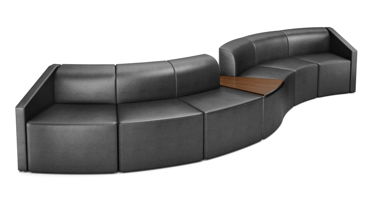 Modular Sectional Sofa with Integrated Wood Wedge Table, Premium Channeled Black Leather Office Lounge Seating, Contemporary Curved Sofa for Lobbies