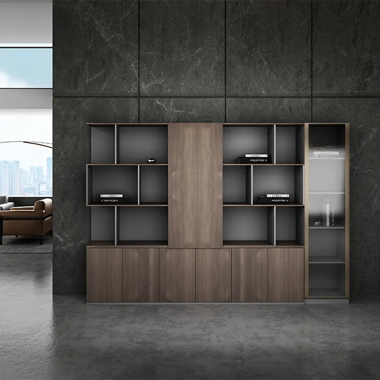 Executive Office Wall Storage System with Display Tower, Multi-Tier Open Bookshelf, Lower Storage Cabinets in Premium Walnut and Grey MDF