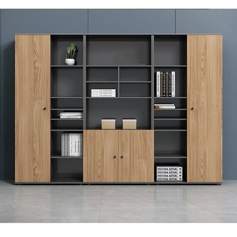 Grand Executive Office Library Wall Unit with Multi-Tier Open Display Shelving, and Central Lower Cupboards in Premium Wood Grain and Matte MDF