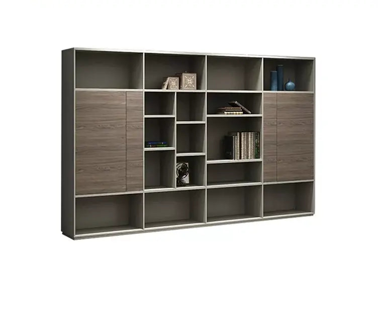 Grand Executive Office Wall Storage System with Multi-Tier Open Display Library Shelves, and Modern Minimalist Frame in Premium Wood Grain and Grey MDF