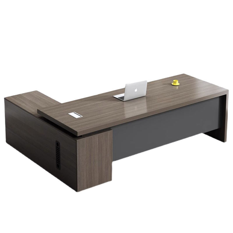 डायरेक्टर एल-आकार का ऑफिस टेबल, आधुनिक डेस्क, पार्टिकल बोर्ड से बना, दराज, रिवर्सिबल ओरिएंटेशन, सीपीयू स्टोरेज और वायर मैनेजमेंट के साथ