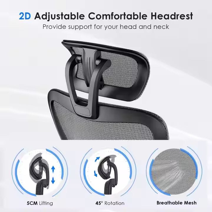 Mesh Ergonomic Office Chair – 3D Lumbar, 3D Armrest, Adjustable Headrest, Recline Lock, Office
