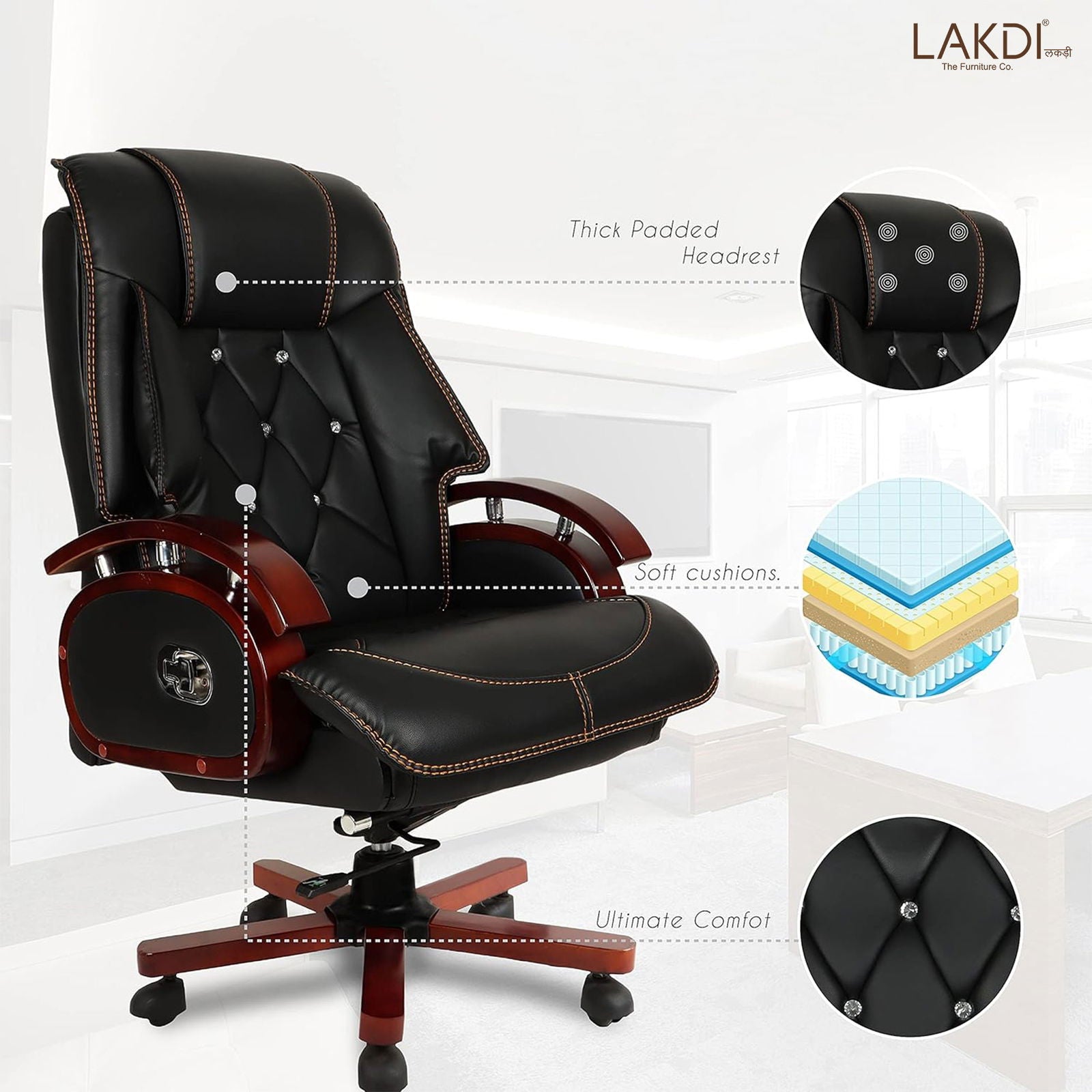 High Back Leatherette Director Chair with Wooden Base and Handle -