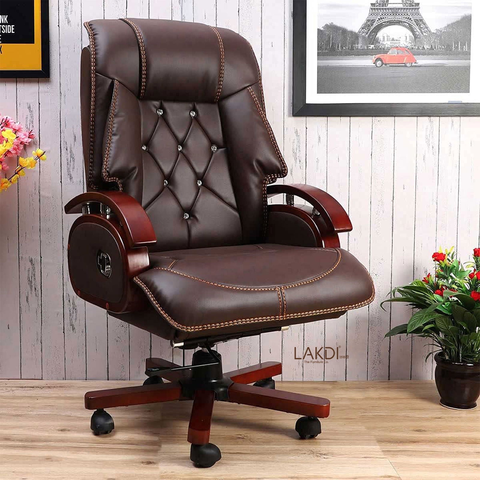 High Back Leatherette Director Chair with Wooden Base and Handle -