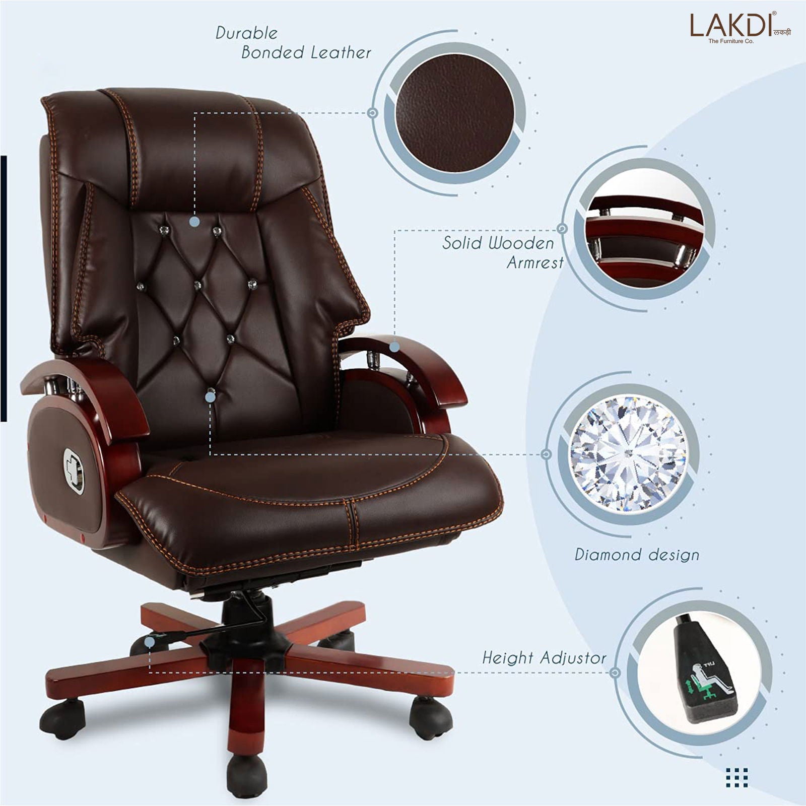 High Back Leatherette Director Chair with Wooden Base and Handle -
