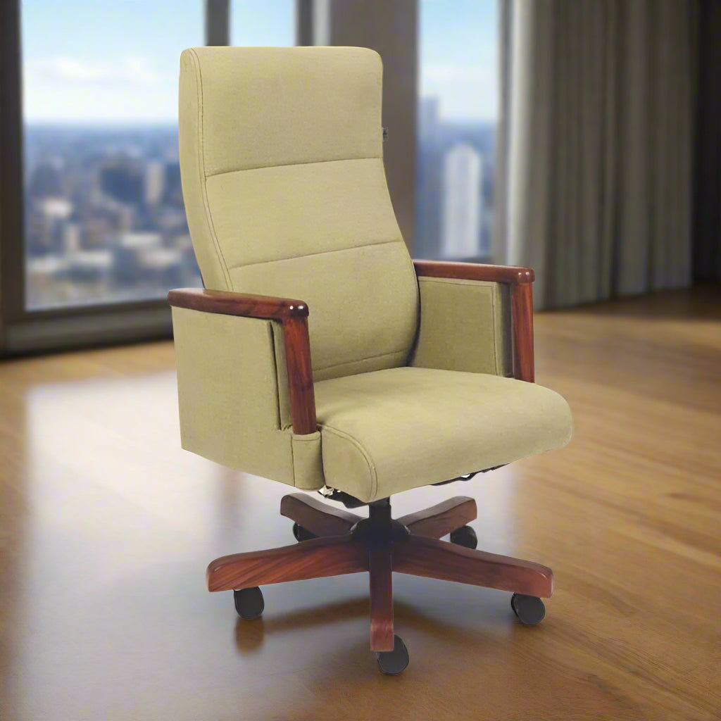 High Back Wooden with Fabric Revolving & Recliner Chair | Director Chair | Office - Cream Color -