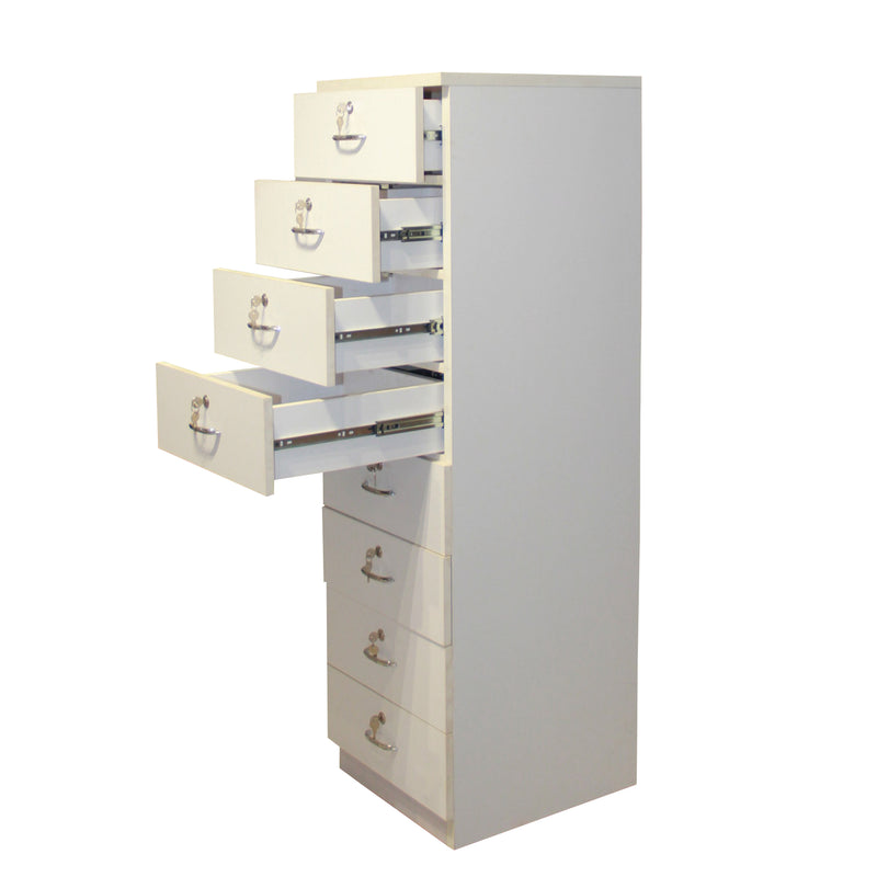 White Wooden 8 Shelf Drawer Unit with Lock