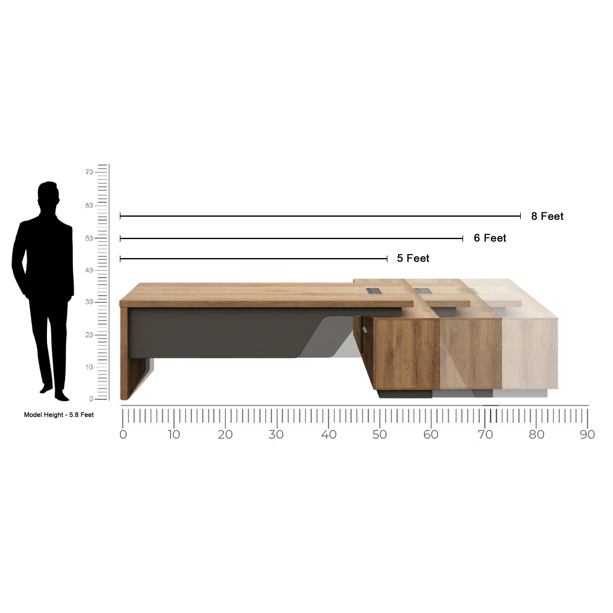 Luxury Director and Executive L Shape Office Table Made Particle Board with  Wire Manger Side Unite and Multi Drawers CPC Space  - Brown Color