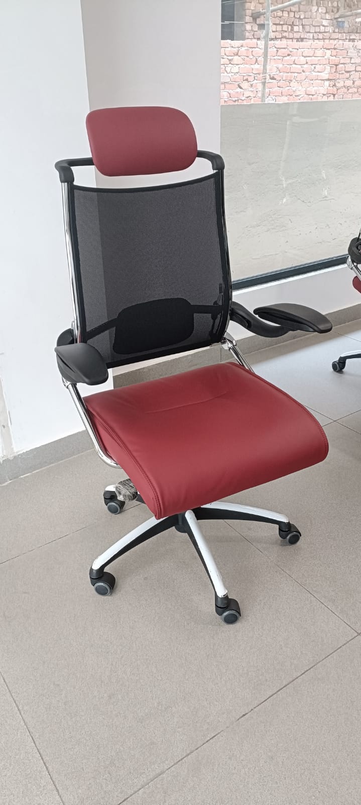 Imported High Back Chair Red Color with 2D Adjustable Arms With Pu Pad High Nylon Base -
