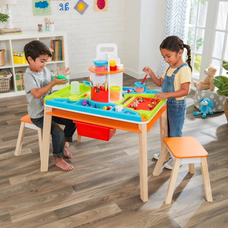 The Wooden Top 1 Table with 2 Orange Kids Stools
