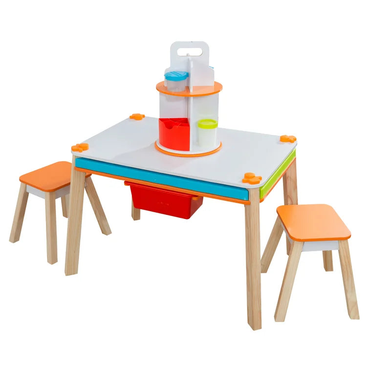 The Wooden Top 1 Table with 2 Orange Kids Stools