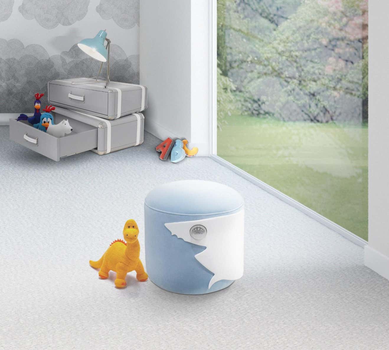 Kids Stool in White Wood and Baby Blue Velvet Shark Shape -