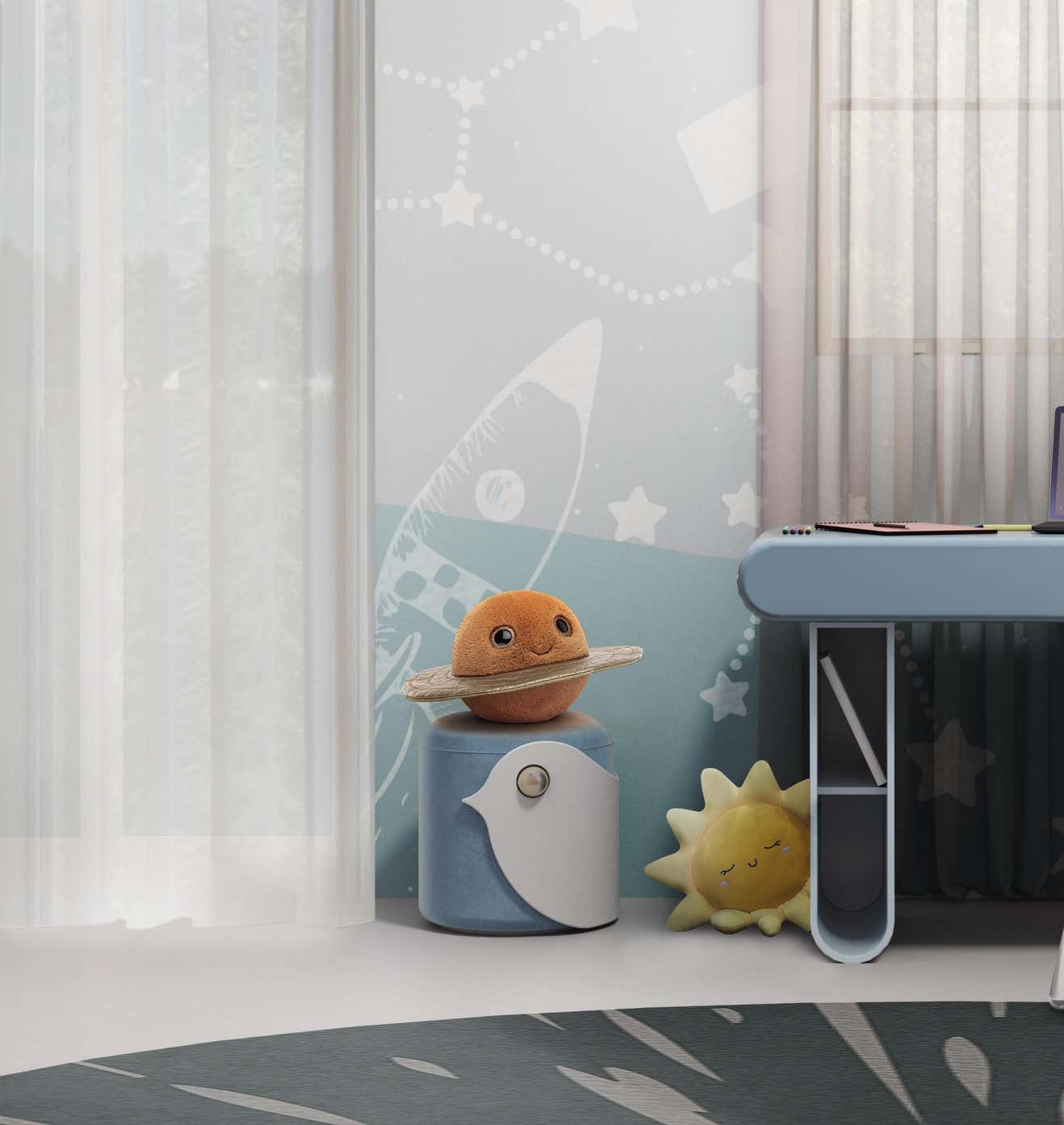 Kids Stool in White Wood and Baby Blue Velvet Shark Shape -