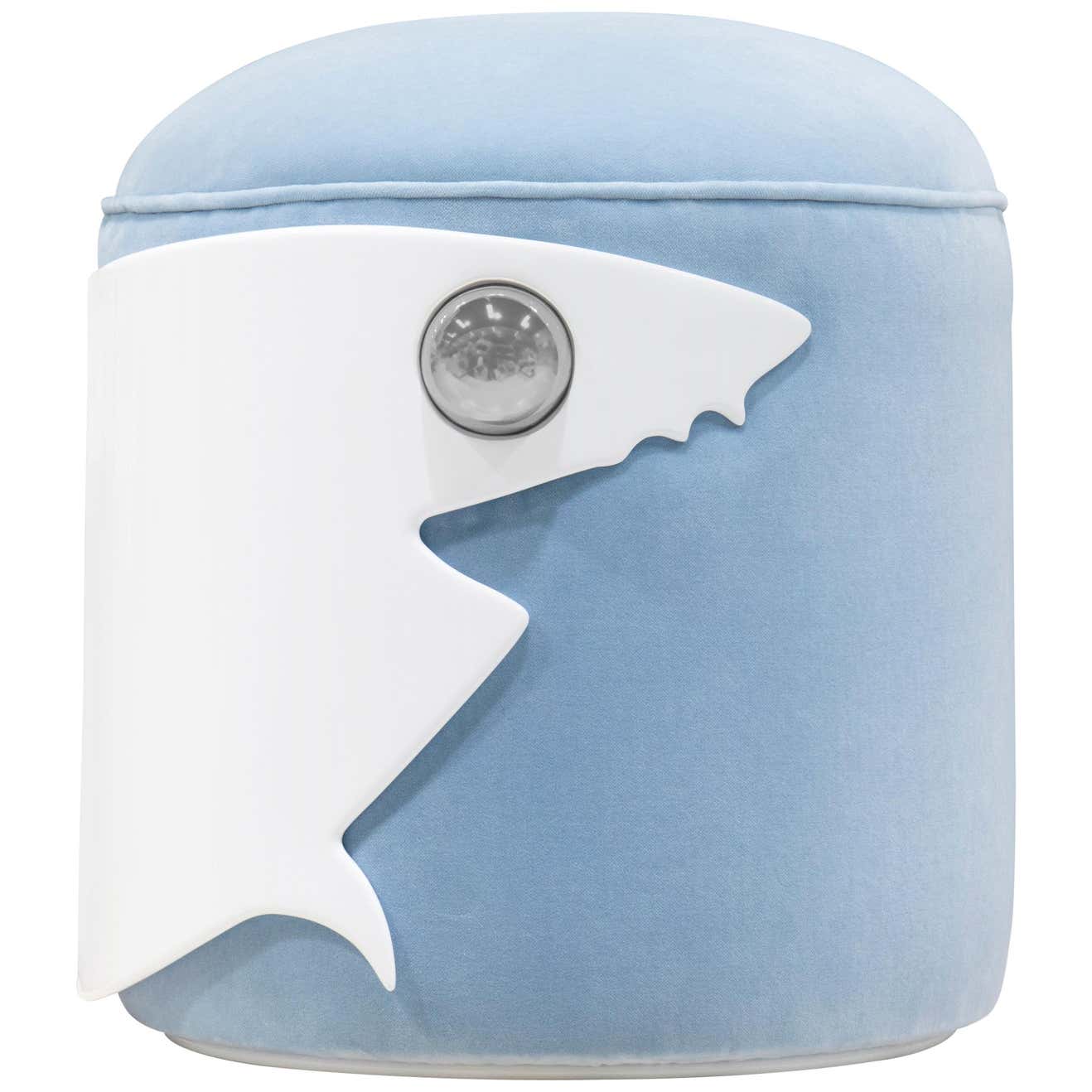 Kids Stool in White Wood and Baby Blue Velvet Shark Shape -