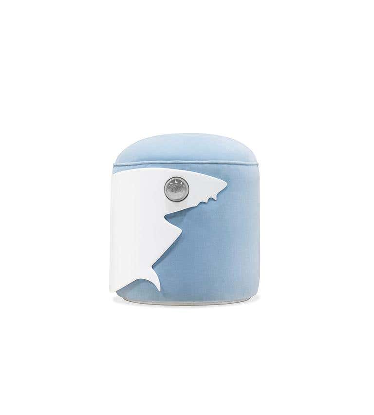 Kids Stool in White Wood and Baby Blue Velvet Shark Shape -