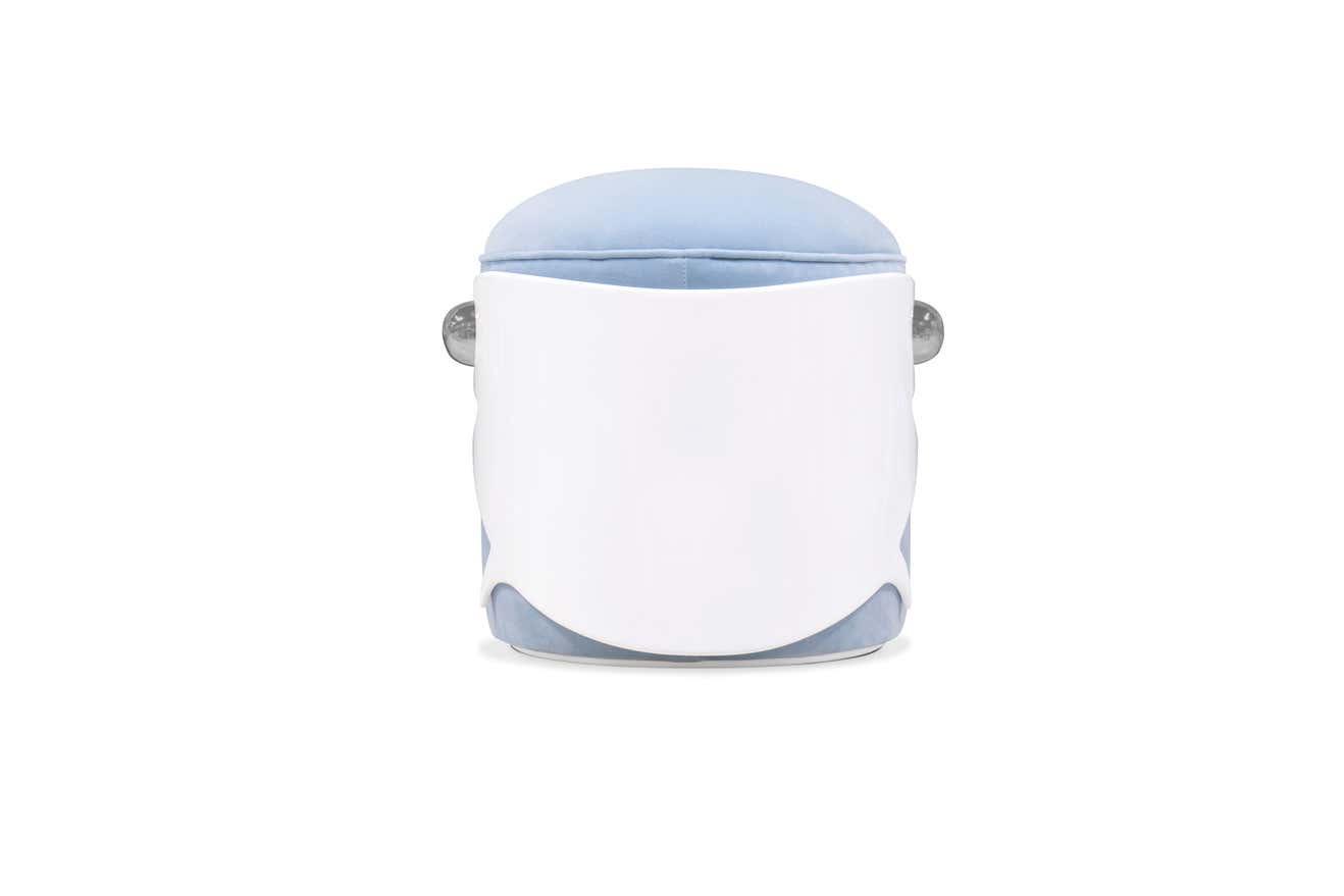 Kids Stool in White Wood and Baby Blue Velvet Shark Shape -