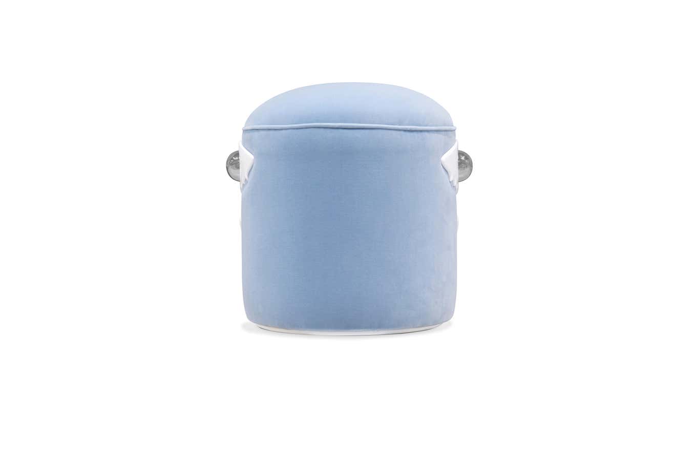 Kids Stool in White Wood and Baby Blue Velvet Shark Shape -