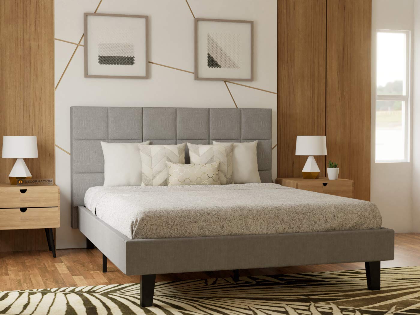 King Size Bed Without Storage in Grey Fabric -