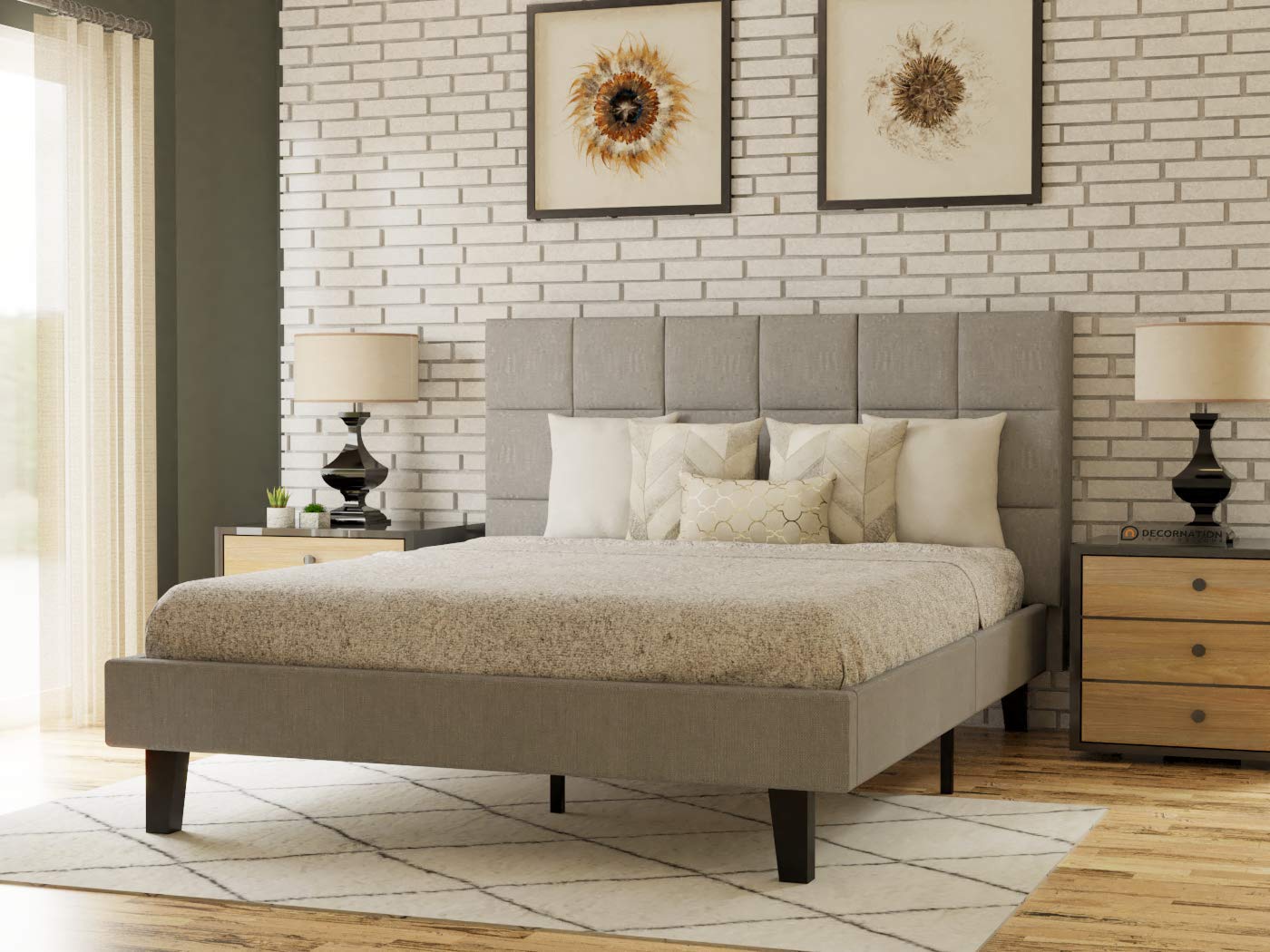 King Size Bed Without Storage in Grey Fabric -
