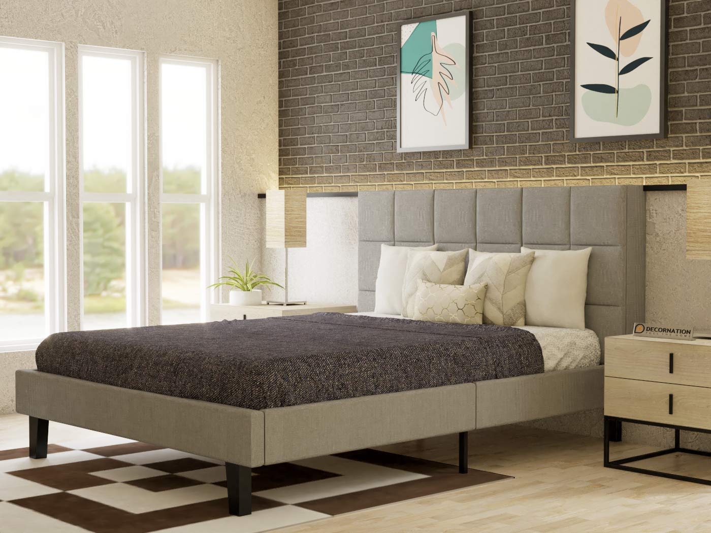 King Size Bed Without Storage in Grey Fabric -