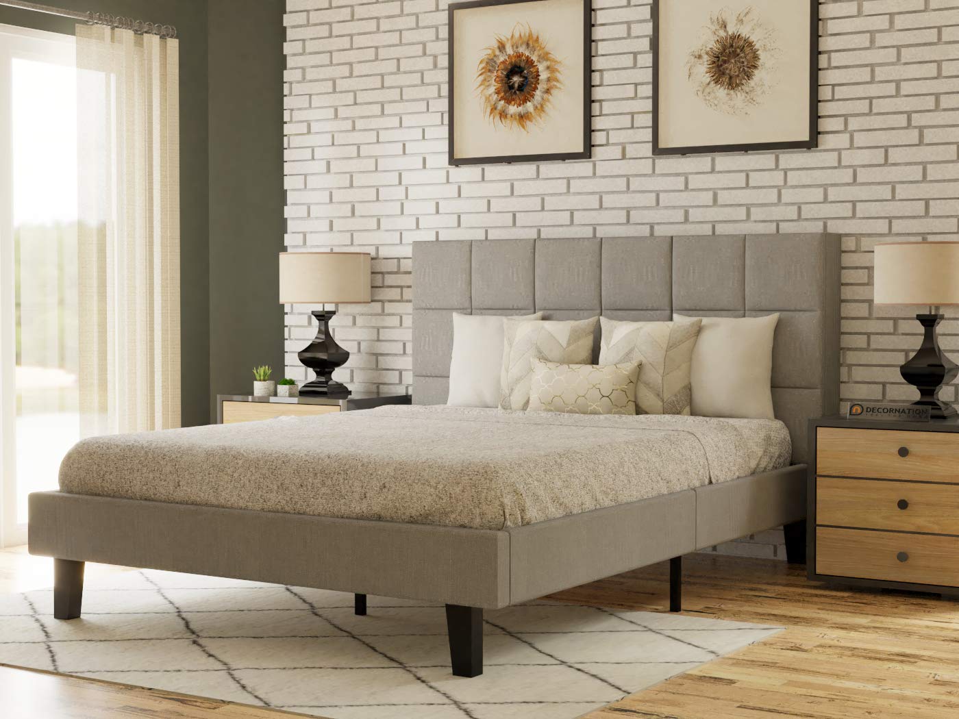 King Size Bed Without Storage in Grey Fabric -