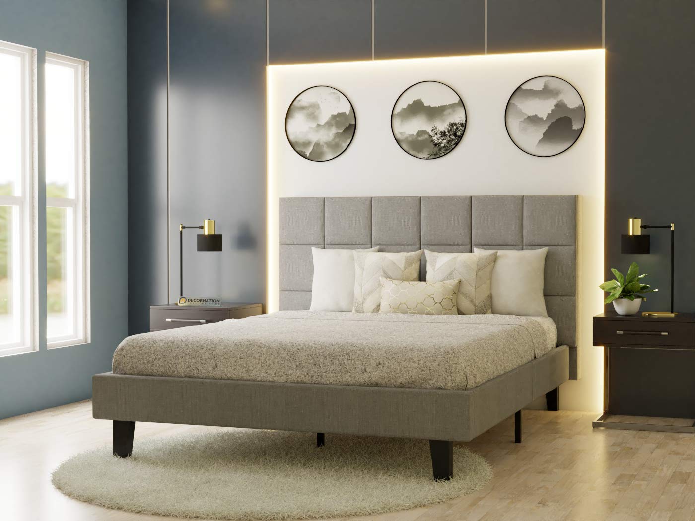King Size Bed Without Storage in Grey Fabric -