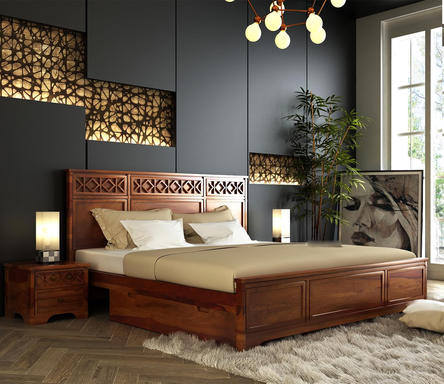 King Size Bed in Solid Wood with Headboard -