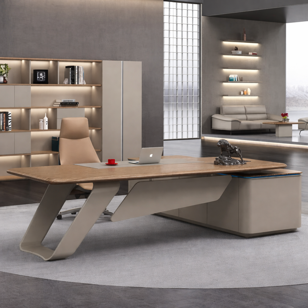 Luxury Modern Executive Director Table with Curved Base, Integrated Side Storage & Wooden Top – Premium Office Furniture