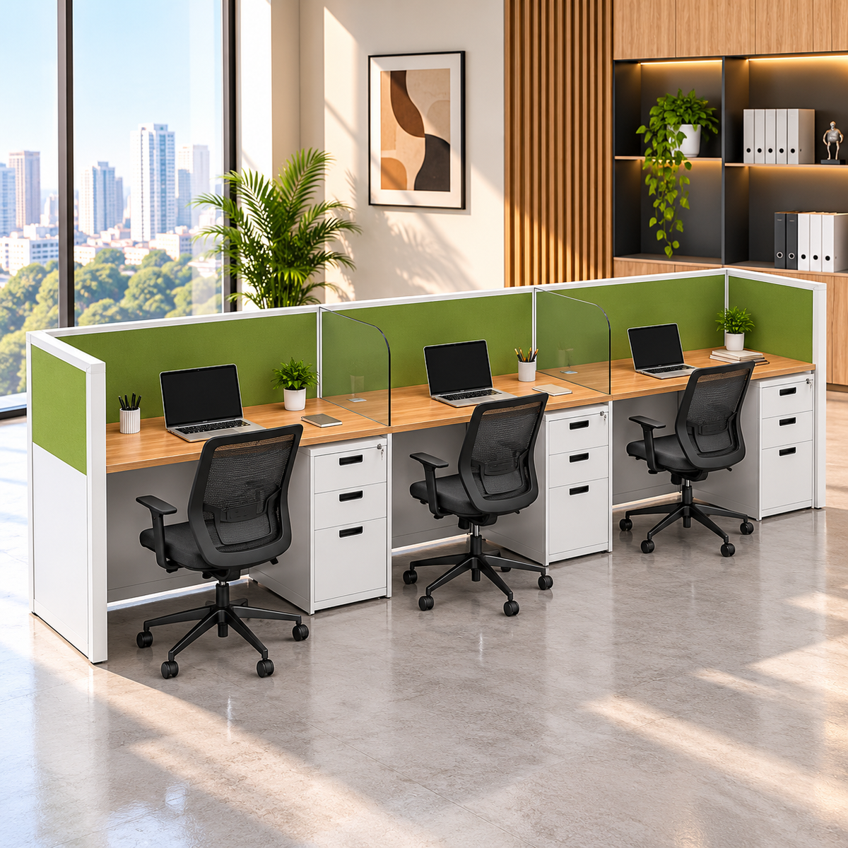 Office Table for Workstation Made of Particle Board with MS Legs, Base Drawer, Pedestal, and 3 Person Seating Workstation Table