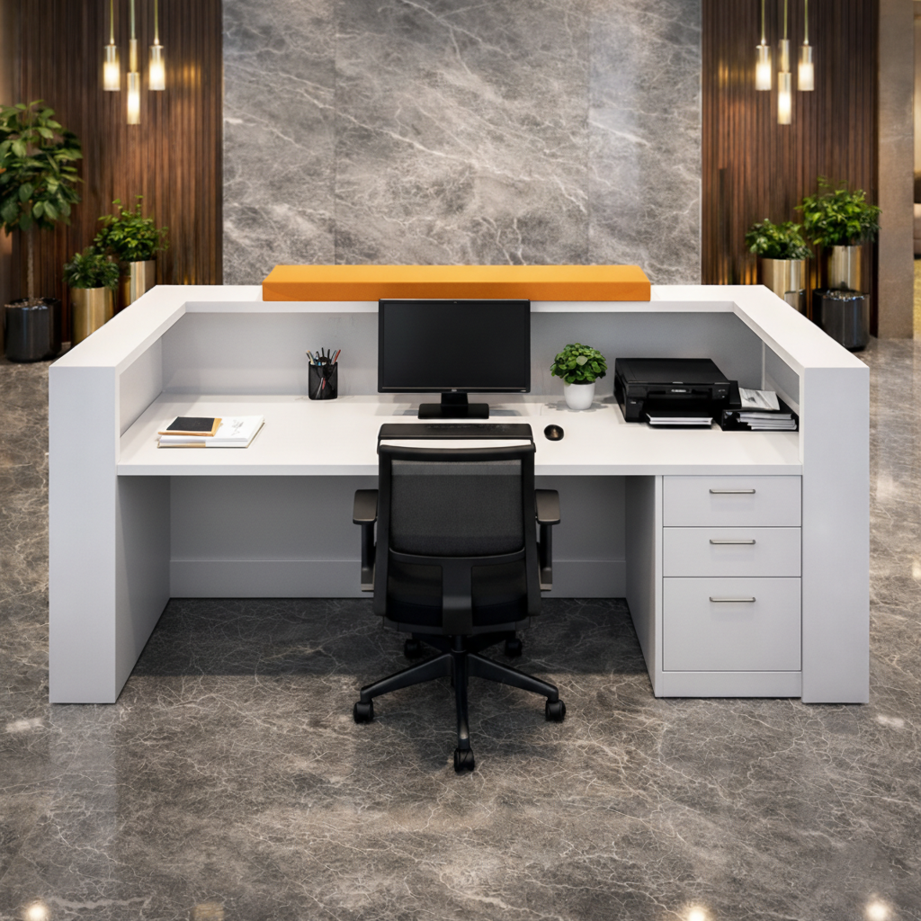 साइड पैनल और मोडेस्टी के साथ विस्तारित डीलिंग टॉप के साथ रिसेप्शन टेबल