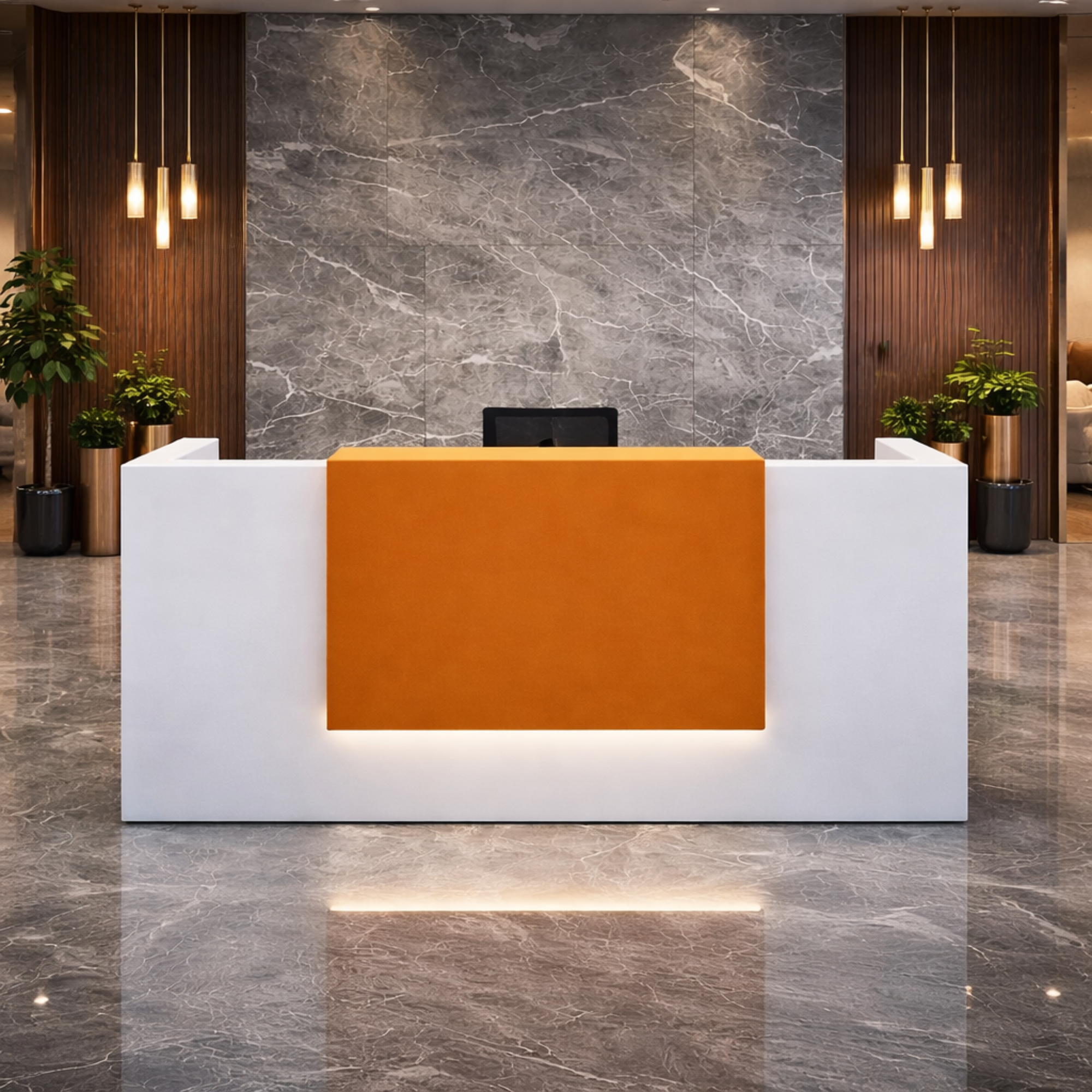 সাইড প্যানেল এবং মোডেস্টি সহ রিসেপশন টেবিল, এক্সটেন্ডেড ডিলিং টপ সহ