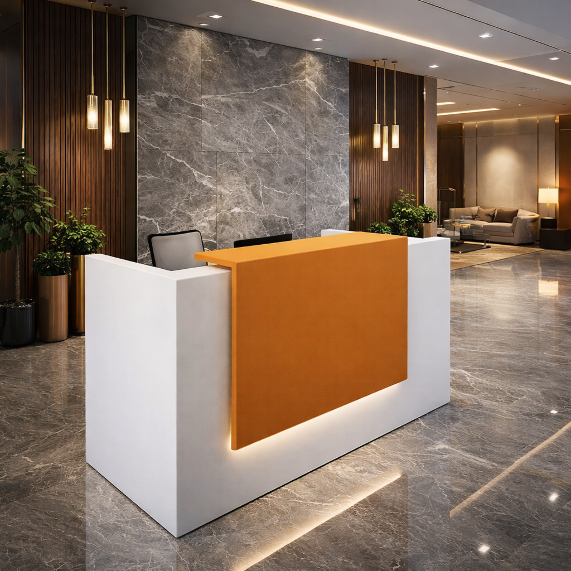 साइड पैनल और मोडेस्टी के साथ विस्तारित डीलिंग टॉप के साथ रिसेप्शन टेबल