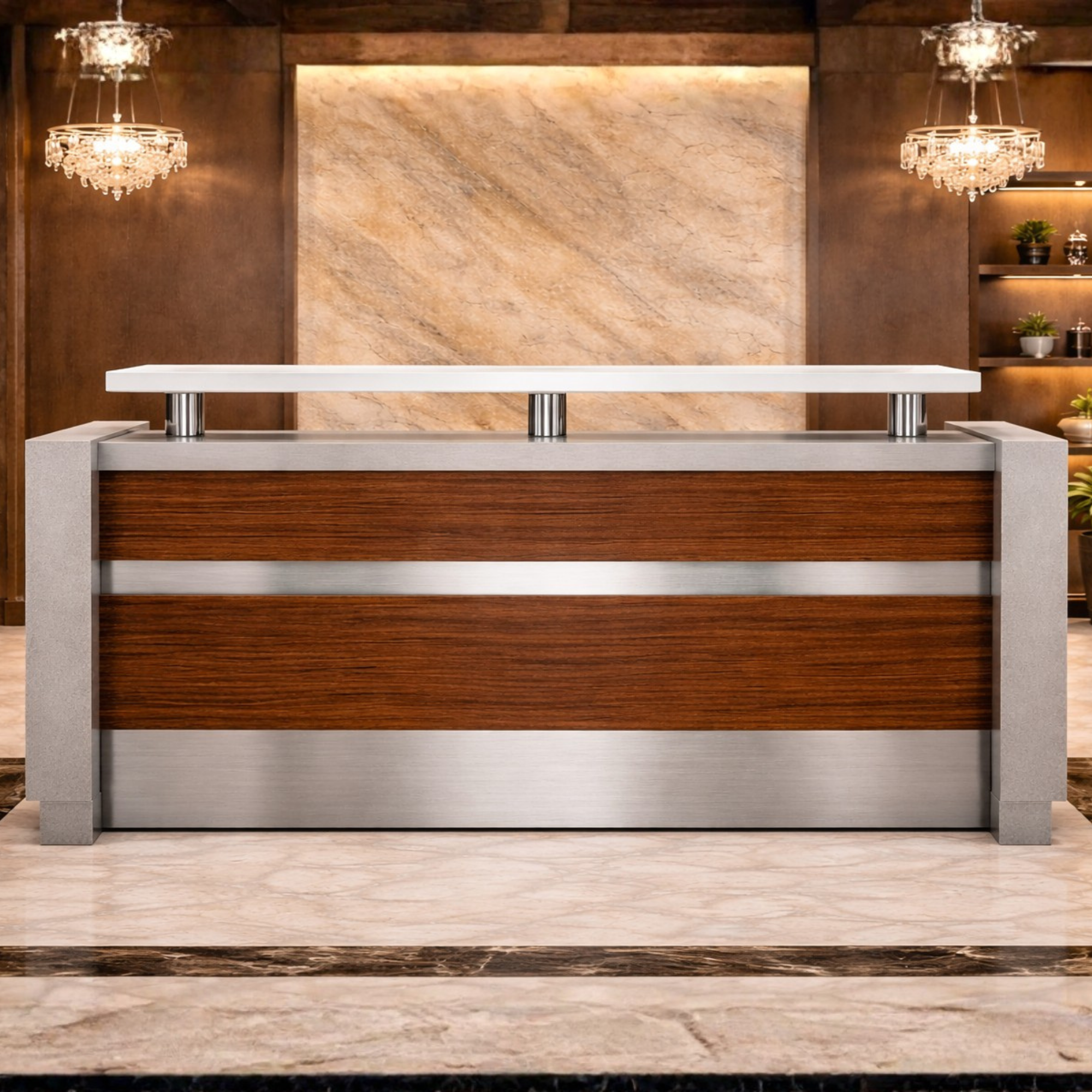 সাইড প্যানেল এবং বিনয় সহ অভ্যর্থনা টেবিল, বর্ধিত ডিলিং টপ এবং ড্রয়ার পেডেস্টাল সহ