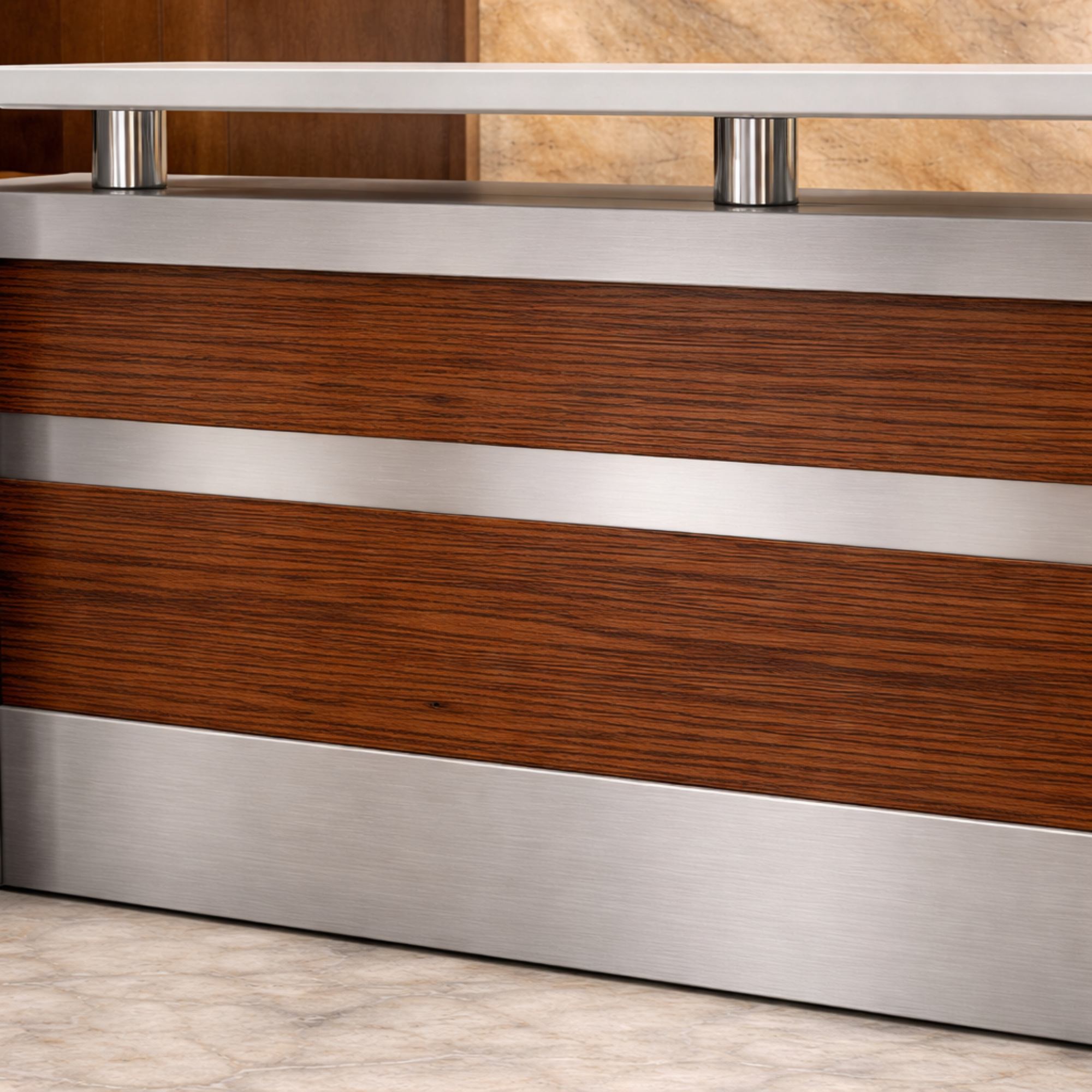 साइड पैनल और मोडेस्टी के साथ विस्तारित डीलिंग टॉप और दराज पेडस्टल के साथ रिसेप्शन टेबल