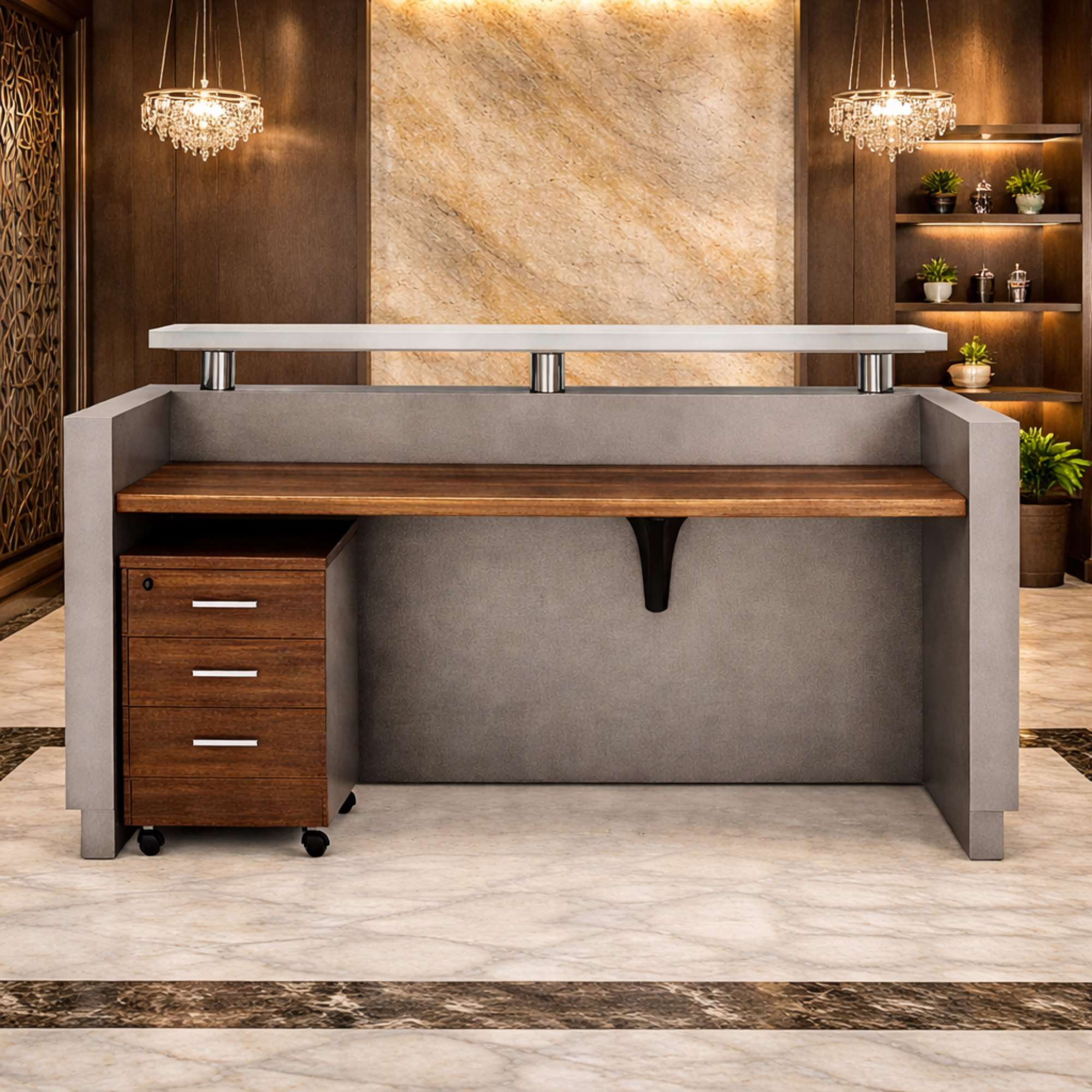 साइड पैनल और मोडेस्टी के साथ विस्तारित डीलिंग टॉप और दराज पेडस्टल के साथ रिसेप्शन टेबल