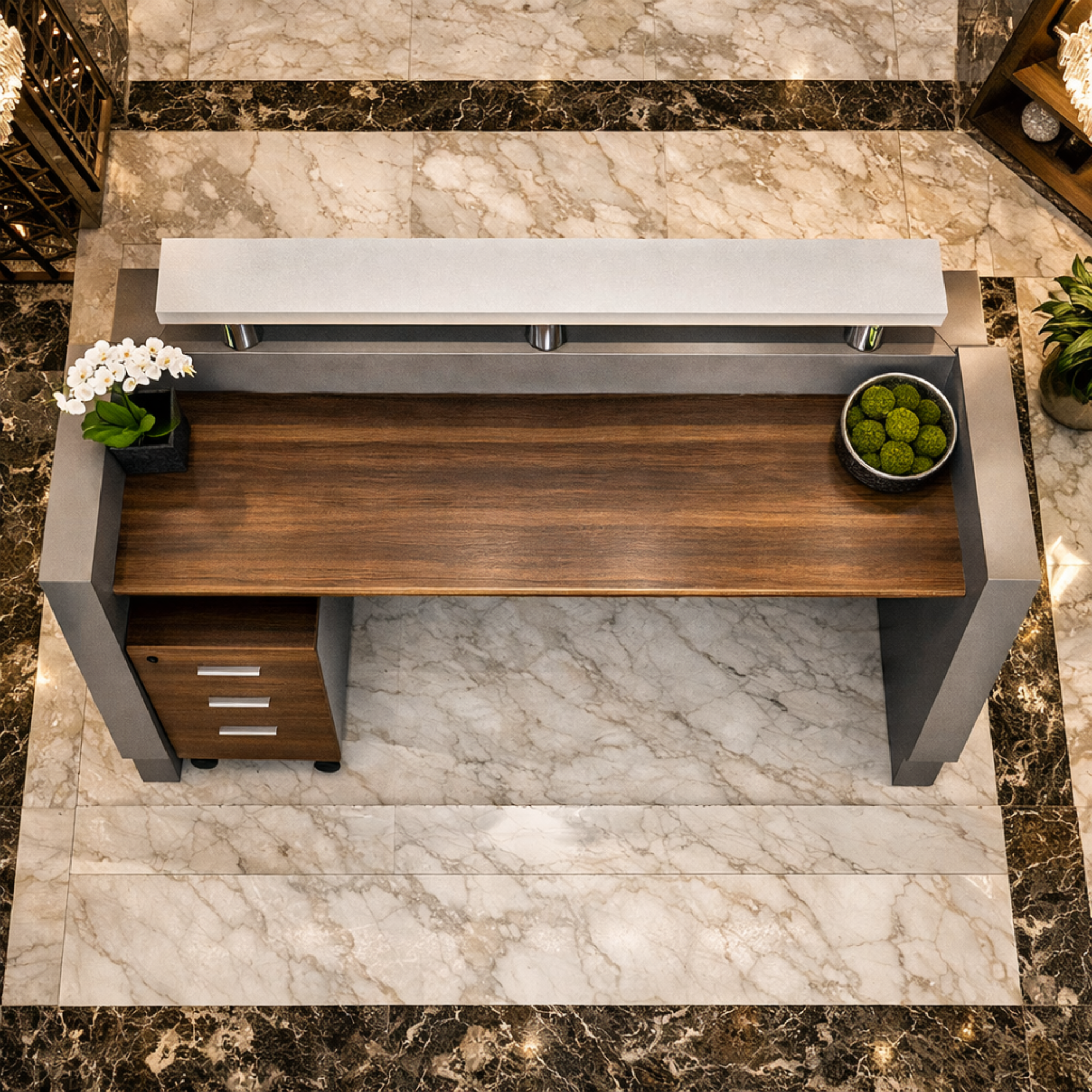 साइड पैनल और मोडेस्टी के साथ विस्तारित डीलिंग टॉप और दराज पेडस्टल के साथ रिसेप्शन टेबल