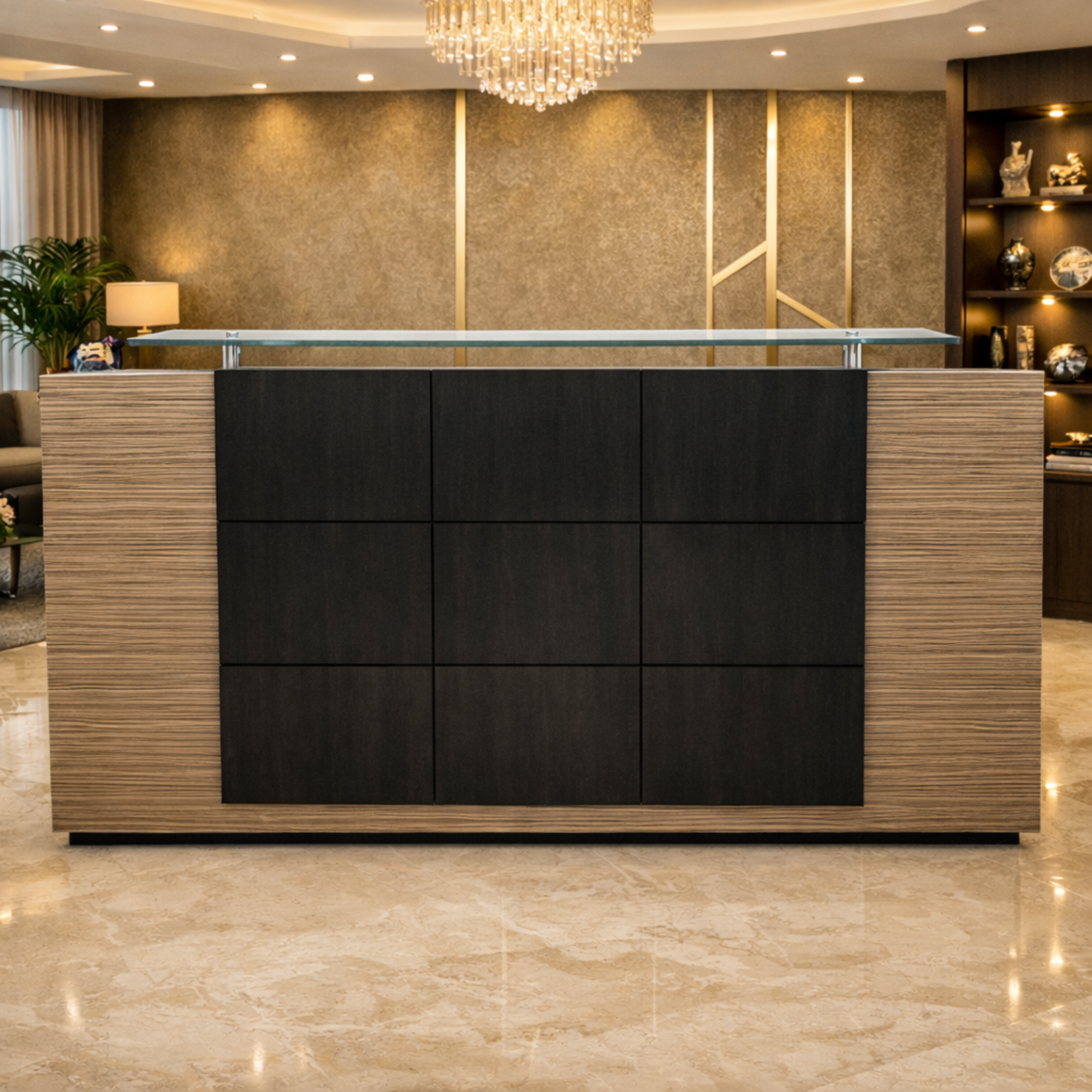 সাইড প্যানেল এবং মোডেস্টি সহ অভ্যর্থনা টেবিল, এক্সটেন্ডেড ডিলিং টপ সহ