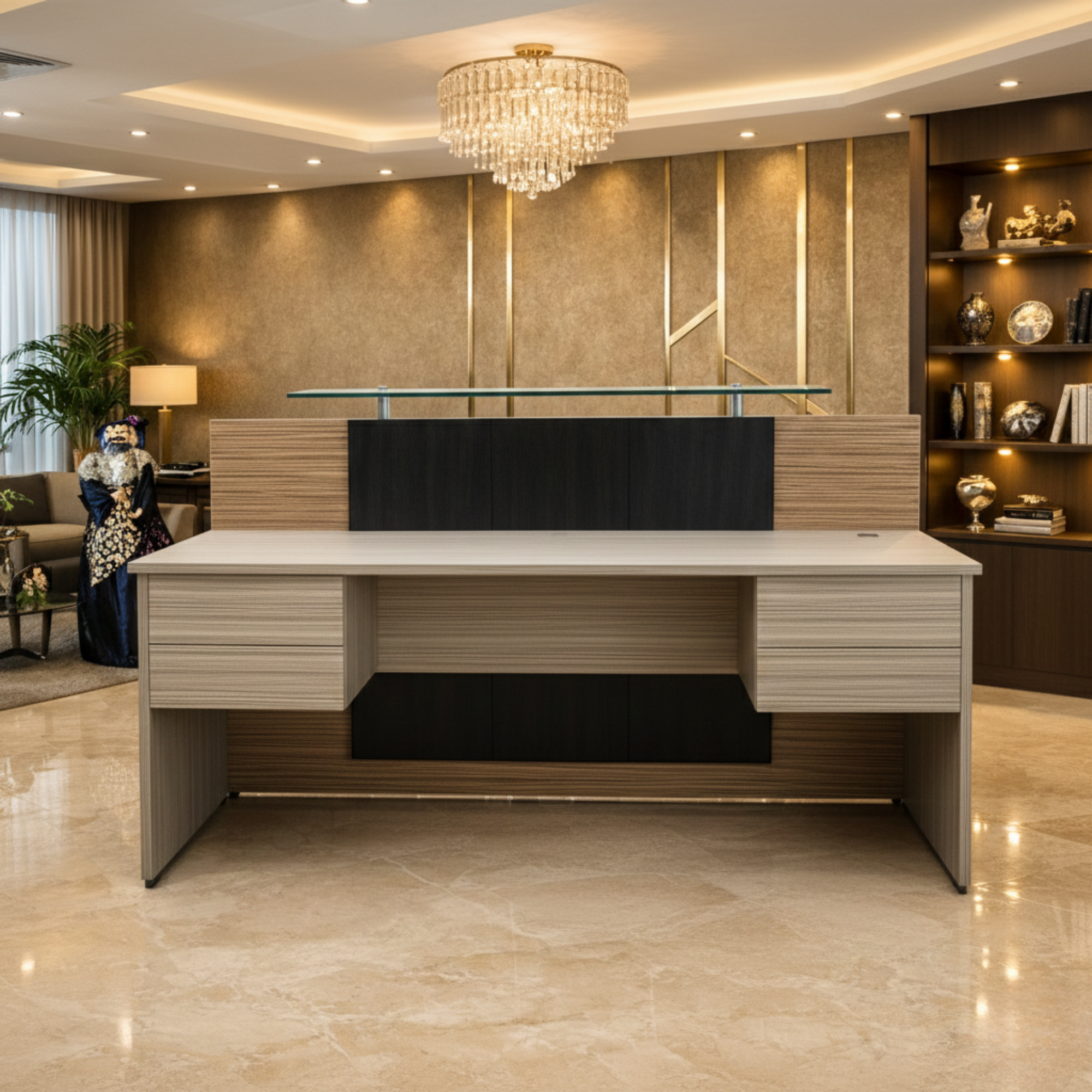 साइड पैनल और मोडेस्टी के साथ विस्तारित डीलिंग टॉप के साथ रिसेप्शन टेबल