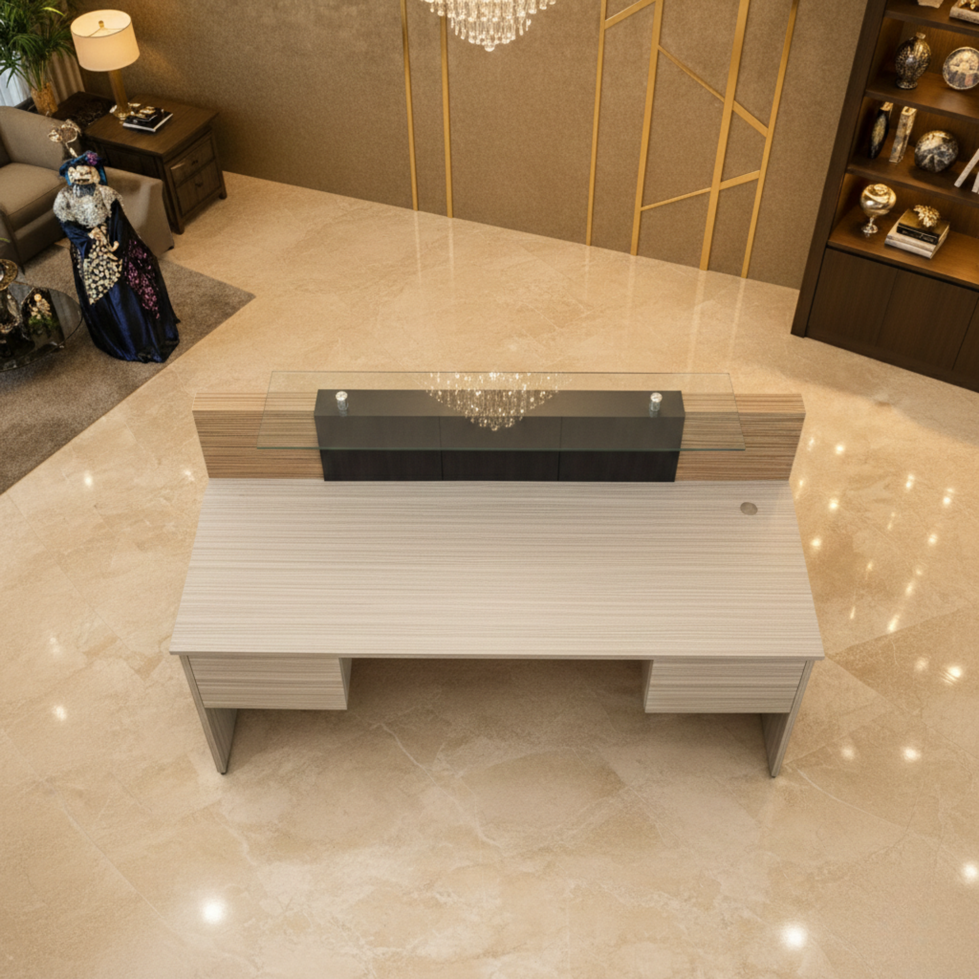 साइड पैनल और मोडेस्टी के साथ विस्तारित डीलिंग टॉप के साथ रिसेप्शन टेबल