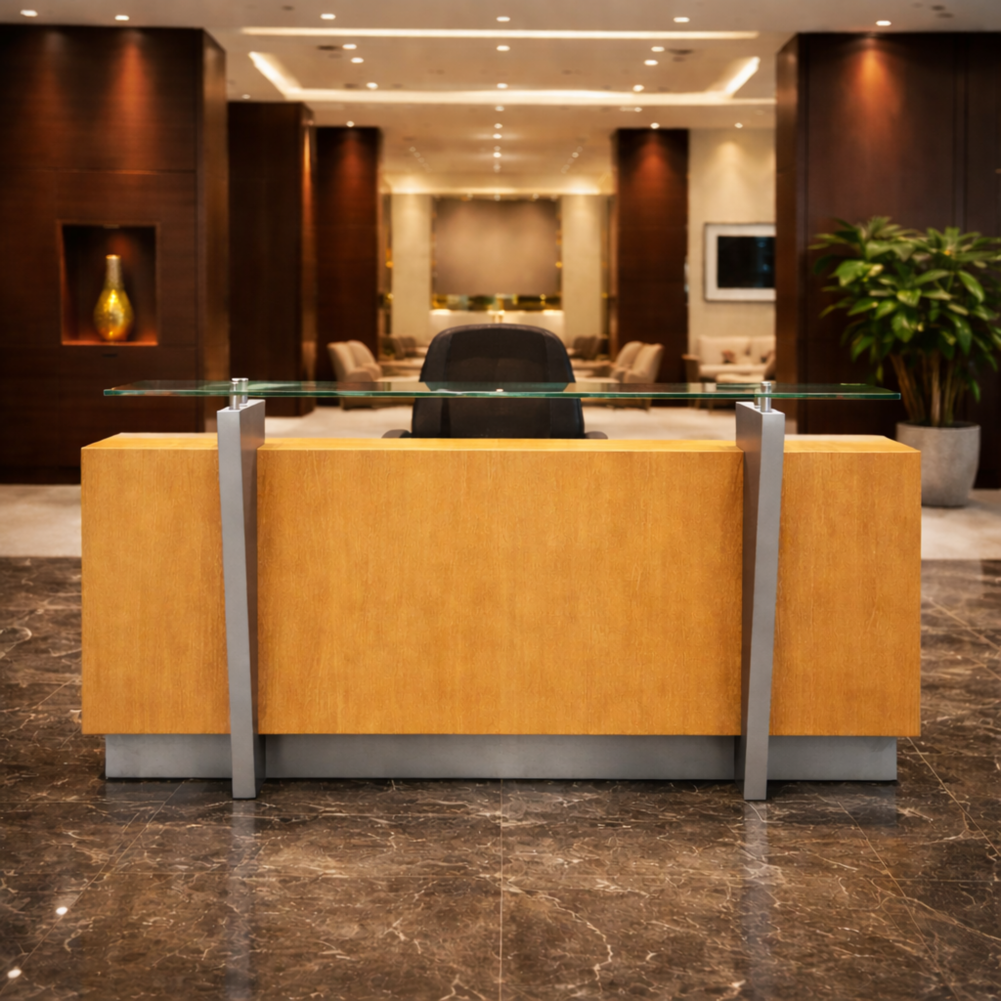 সাইড প্যানেল এবং মোডেস্টি সহ রিসেপশন টেবিল, এক্সটেন্ডেড ডিলিং টপ সহ