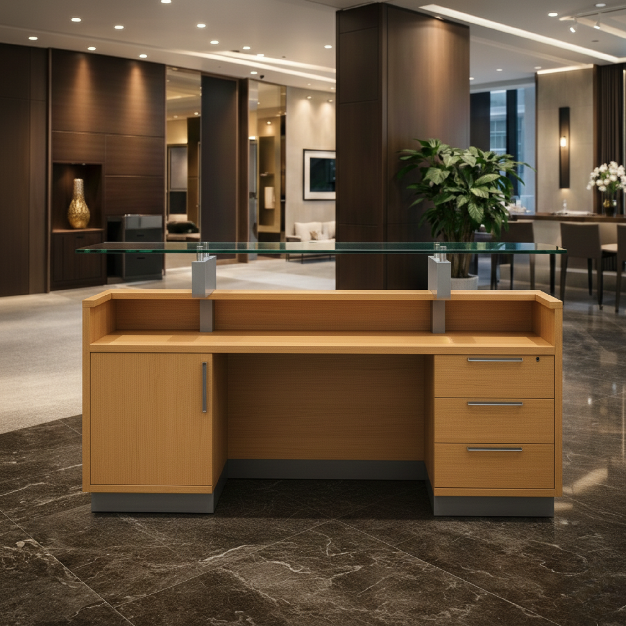 साइड पैनल और मोडेस्टी के साथ विस्तारित डीलिंग टॉप के साथ रिसेप्शन टेबल