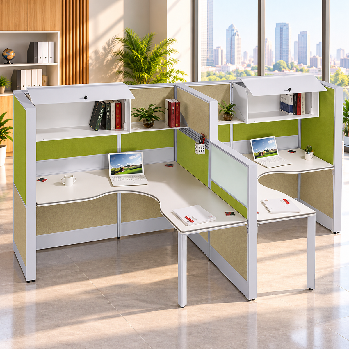 Modern 2 Seater Office Workstation with Curved L-Shaped Desks, Green Privacy Panels, Overhead Shelves & Aluminium Partition Frame