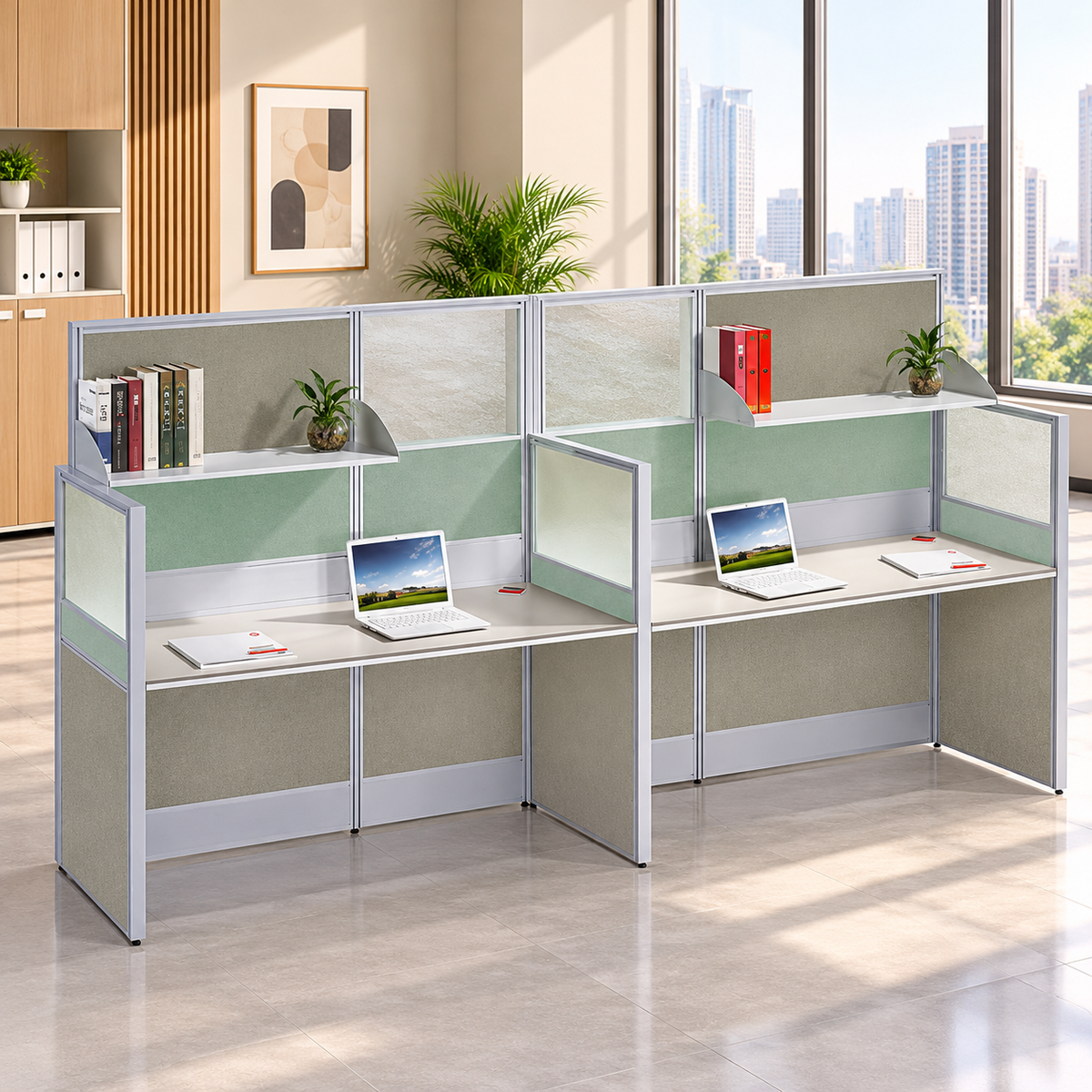 Modern 4 Seater Linear Office Workstation with Sage Green Privacy Panels, Overhead Storage Shelves, Aluminium Frames & White Desks