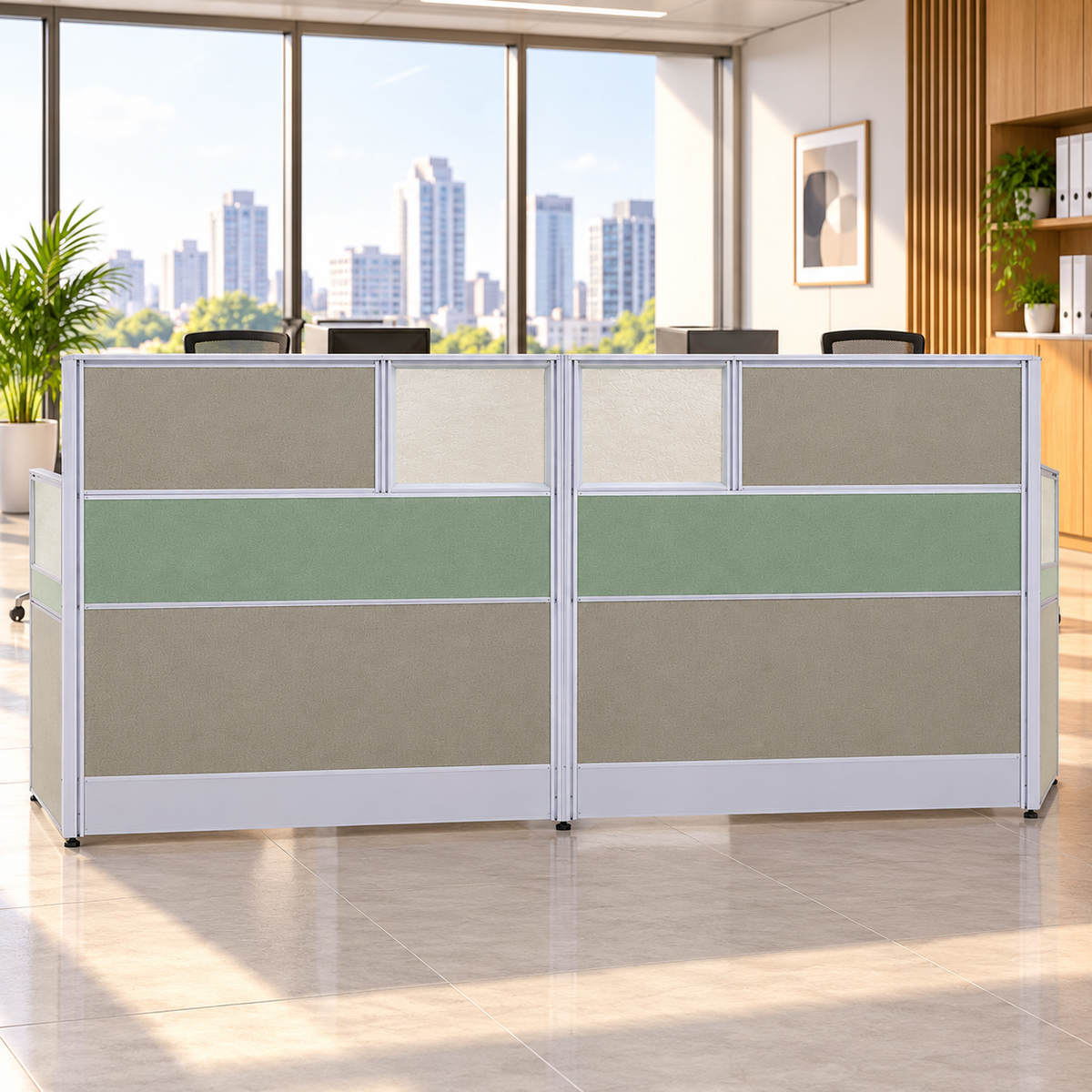 Modern 4 Seater Linear Office Workstation with Sage Green Privacy Panels, Overhead Storage Shelves, Aluminium Frames & White Desks